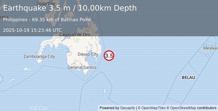 Earthquake PHILIPPINE ISLANDS REGION (3.5 m) (2025-10-19 15:23:46 UTC)