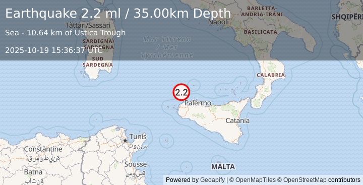 Earthquake SICILY, ITALY (2.2 ml) (2025-10-19 15:36:37 UTC)