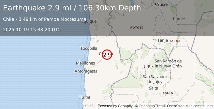 Earthquake ANTOFAGASTA, CHILE (2.9 ml) (2025-10-19 15:38:20 UTC)