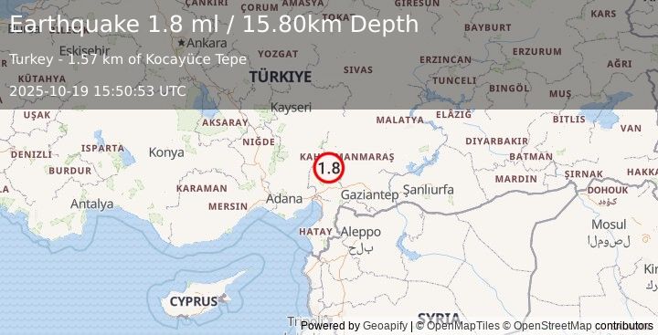 Earthquake CENTRAL TURKEY (1.8 ml) (2025-10-19 15:50:54 UTC)
