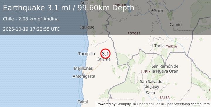 Earthquake ANTOFAGASTA, CHILE (3.1 ml) (2025-10-19 17:22:55 UTC)