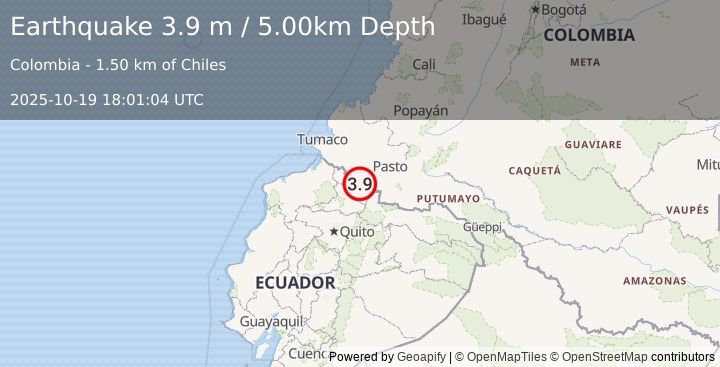 Earthquake COLOMBIA-ECUADOR BORDER REGION (3.2 ml) (2025-10-19 18:01:02 UTC)
