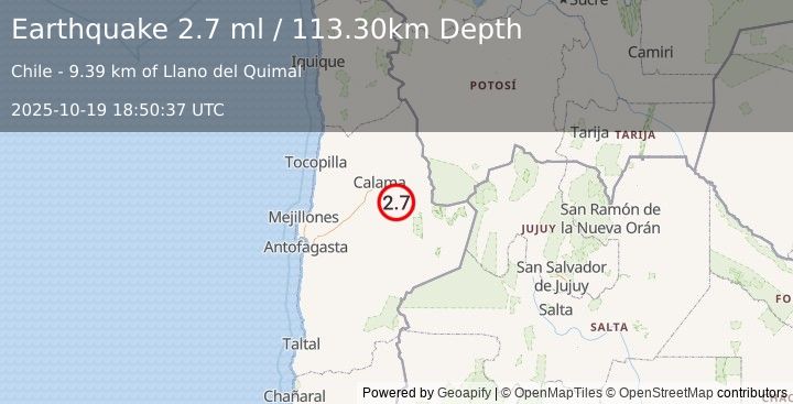 Earthquake ANTOFAGASTA, CHILE (2.7 ml) (2025-10-19 18:50:37 UTC)