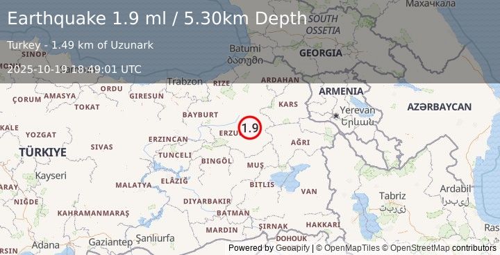 Earthquake EASTERN TURKEY (1.9 ml) (2025-10-19 18:49:01 UTC)