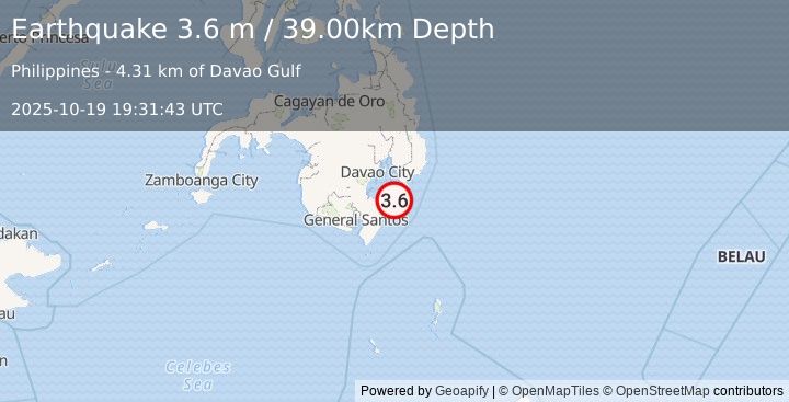 Earthquake MINDANAO, PHILIPPINES (3.6 m) (2025-10-19 19:31:43 UTC)