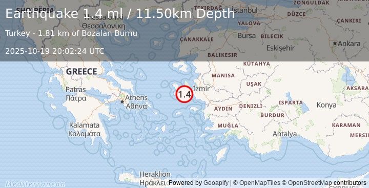 Earthquake NEAR THE COAST OF WESTERN TURKEY (1.5 ml) (2025-10-19 20:02:23 UTC)