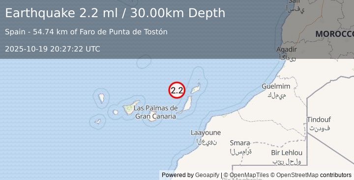 Earthquake CANARY ISLANDS, SPAIN REGION (2.2 ml) (2025-10-19 20:27:22 UTC)