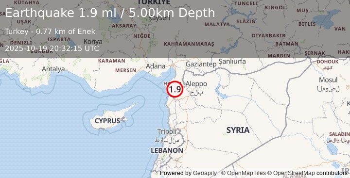 Earthquake TURKEY-SYRIA BORDER REGION (1.9 ml) (2025-10-19 20:32:14 UTC)