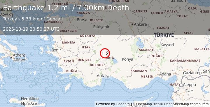 Earthquake WESTERN TURKEY (1.2 ml) (2025-10-19 20:50:27 UTC)