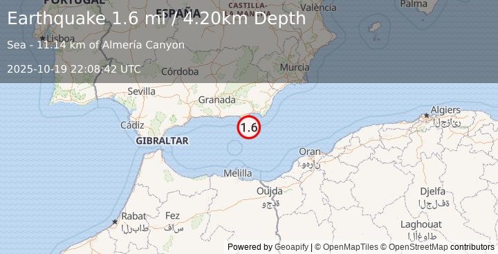 Earthquake STRAIT OF GIBRALTAR (1.6 ml) (2025-10-19 22:08:42 UTC)