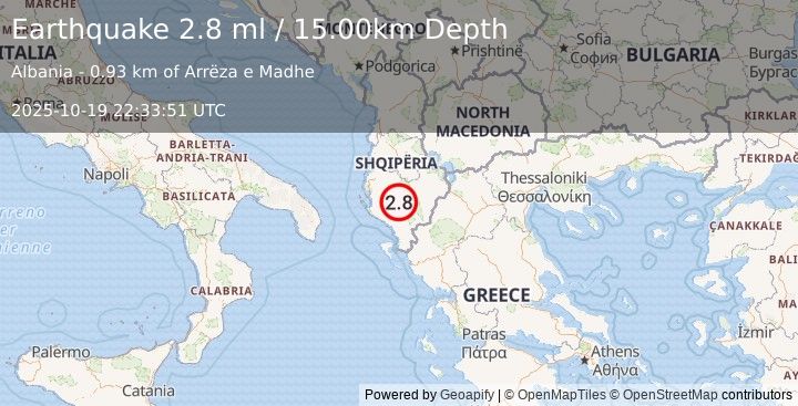 Earthquake ALBANIA (2.8 ml) (2025-10-19 22:33:51 UTC)