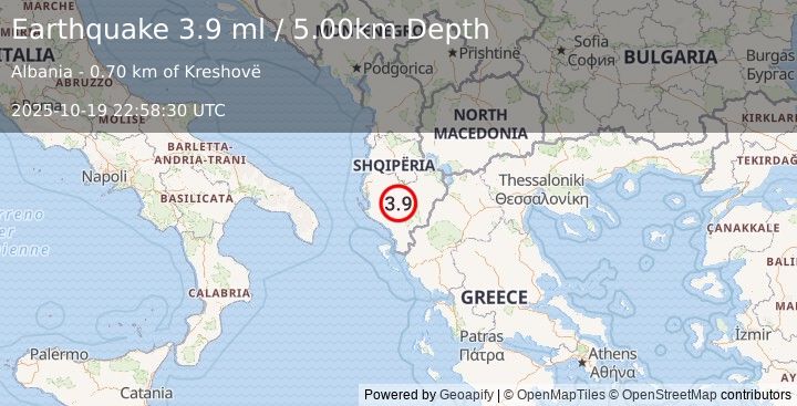Earthquake ALBANIA (3.9 ml) (2025-10-19 22:58:30 UTC)