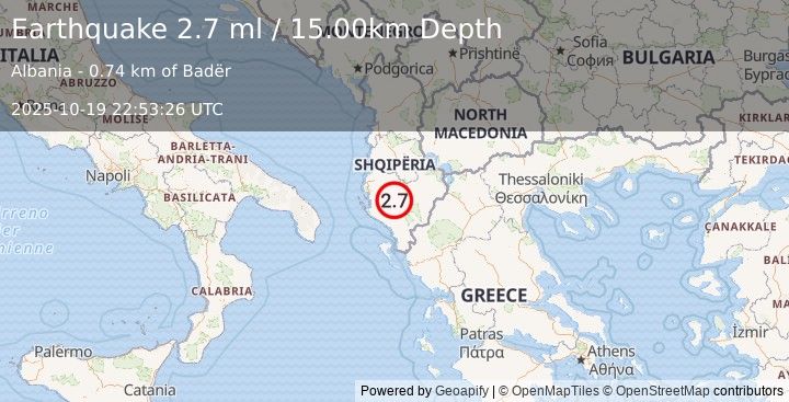 Earthquake ALBANIA (2.7 ml) (2025-10-19 22:53:26 UTC)