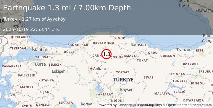 Earthquake CENTRAL TURKEY (1.3 ml) (2025-10-19 22:53:44 UTC)