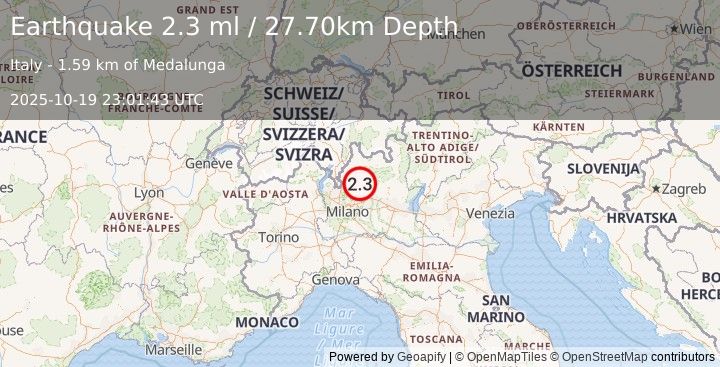 Earthquake NORTHERN ITALY (2.3 ml) (2025-10-19 23:01:43 UTC)