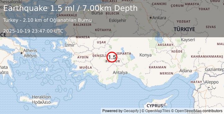 Earthquake WESTERN TURKEY (1.5 ml) (2025-10-19 23:47:00 UTC)