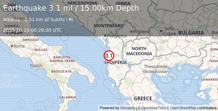 Earthquake ALBANIA (3.1 ml) (2025-10-20 00:29:00 UTC)