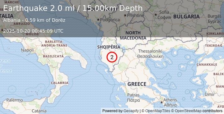 Earthquake ALBANIA (2.0 ml) (2025-10-20 00:45:09 UTC)