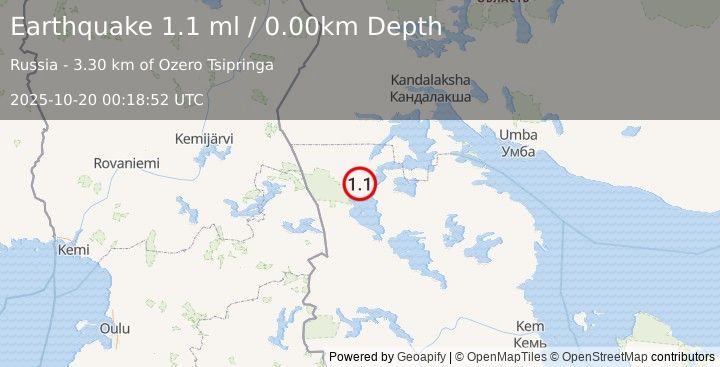 Earthquake NORTHWESTERN RUSSIA (1.1 ml) (2025-10-20 00:18:52 UTC)