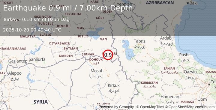 Earthquake TURKEY-IRAQ BORDER REGION (0.9 ml) (2025-10-20 00:49:40 UTC)