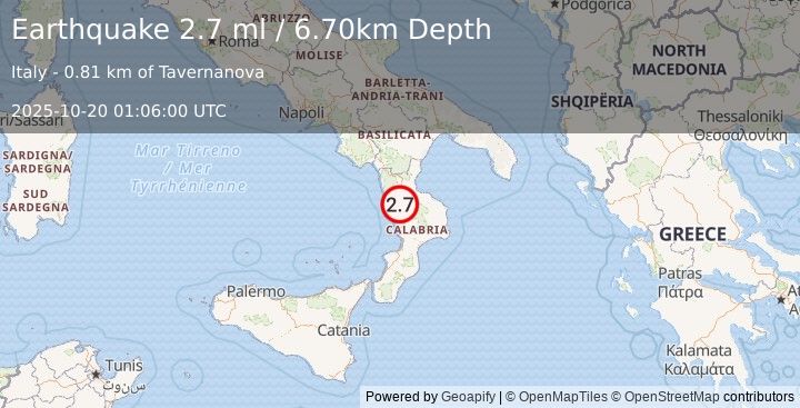 Earthquake SOUTHERN ITALY (2.7 ml) (2025-10-20 01:06:00 UTC)