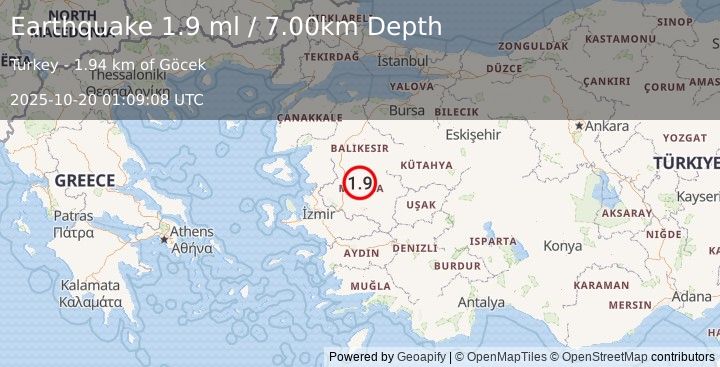 Earthquake WESTERN TURKEY (1.9 ml) (2025-10-20 01:09:08 UTC)