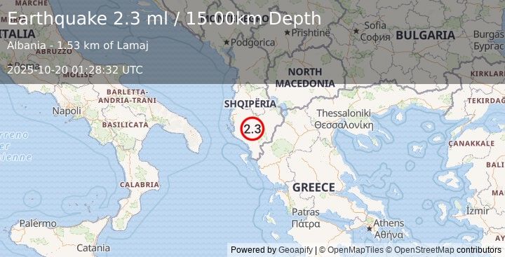 Earthquake ALBANIA (2.3 ml) (2025-10-20 01:28:34 UTC)