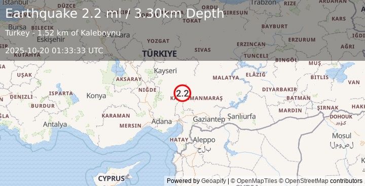 Earthquake CENTRAL TURKEY (2.2 ml) (2025-10-20 01:33:34 UTC)