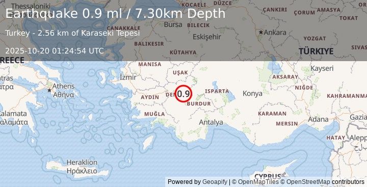 Earthquake WESTERN TURKEY (0.9 ml) (2025-10-20 01:24:54 UTC)