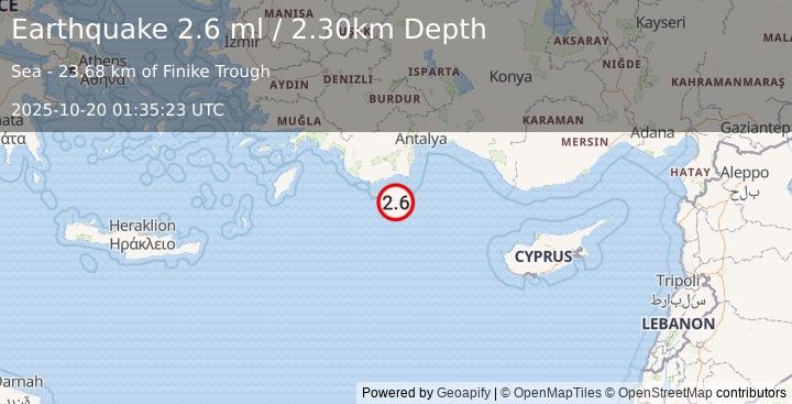 Earthquake EASTERN MEDITERRANEAN SEA (2.5 ml) (2025-10-20 01:35:19 UTC)