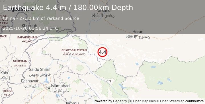 Earthquake KASHMIR-XINJIANG BORDER REGION (4.4 m) (2025-10-20 01:56:24 UTC)