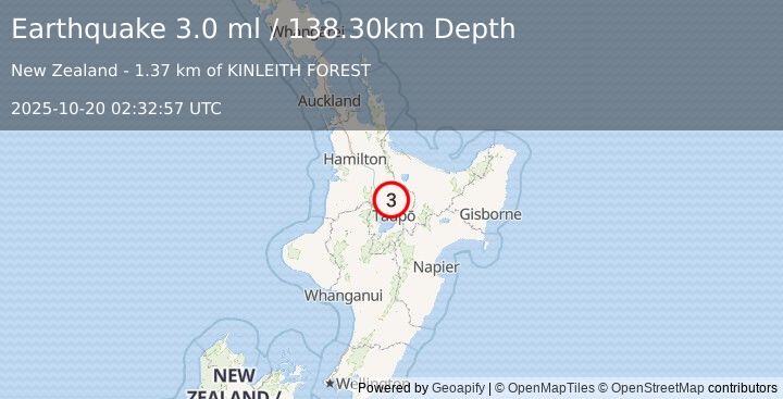Earthquake NORTH ISLAND OF NEW ZEALAND (3.0 ml) (2025-10-20 02:32:57 UTC)