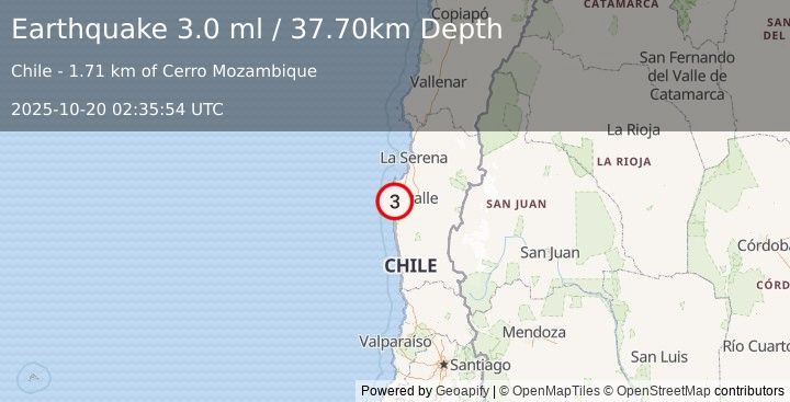 Earthquake COQUIMBO, CHILE (3.0 ml) (2025-10-20 02:35:54 UTC)