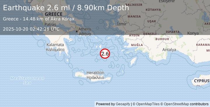 Earthquake DODECANESE ISLANDS, GREECE (2.6 ml) (2025-10-20 02:42:28 UTC)