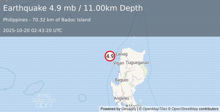 Earthquake PHILIPPINE ISLANDS REGION (4.9 mb) (2025-10-20 02:43:20 UTC)