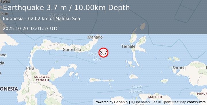 Earthquake MOLUCCA SEA (3.7 m) (2025-10-20 03:01:57 UTC)