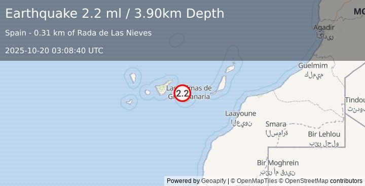 Earthquake CANARY ISLANDS, SPAIN REGION (2.2 ml) (2025-10-20 03:08:40 UTC)