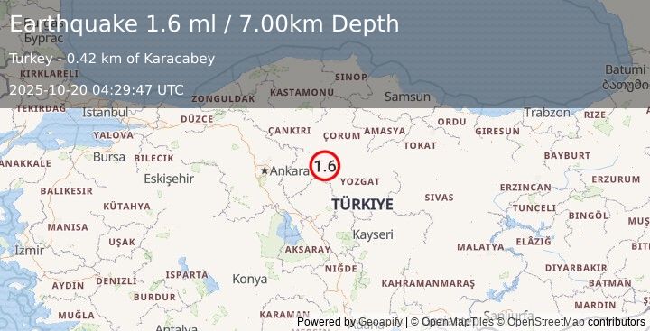 Earthquake CENTRAL TURKEY (1.6 ml) (2025-10-20 04:29:47 UTC)
