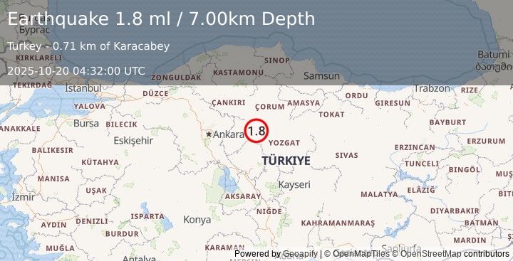 Earthquake CENTRAL TURKEY (1.8 ml) (2025-10-20 04:32:00 UTC)