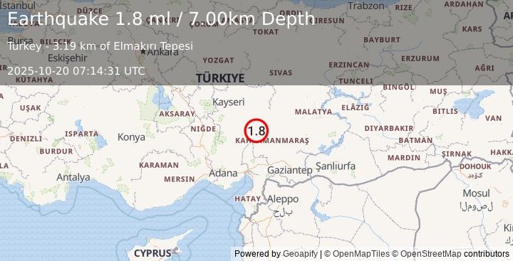 Earthquake CENTRAL TURKEY (1.8 ml) (2025-10-20 07:14:31 UTC)
