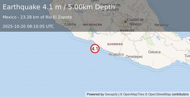 Earthquake OFFSHORE GUERRERO, MEXICO (4.1 m) (2025-10-20 08:10:05 UTC)