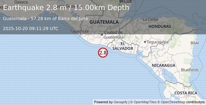 Earthquake OFFSHORE GUATEMALA (2.8 m) (2025-10-20 09:11:29 UTC)