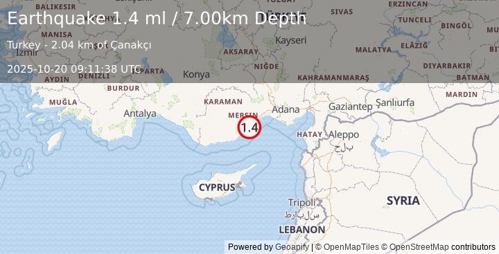Earthquake CENTRAL TURKEY (1.4 ml) (2025-10-20 09:12:05 UTC)