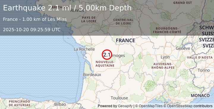 Earthquake FRANCE (2.1 ml) (2025-10-20 09:25:59 UTC)