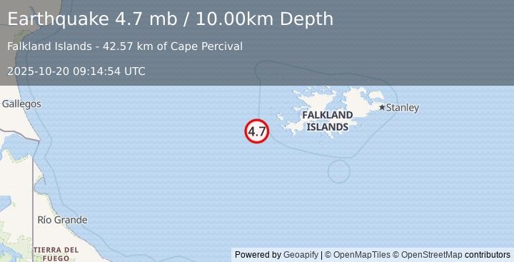 Earthquake FALKLAND ISLANDS REGION (4.7 mb) (2025-10-20 09:14:55 UTC)