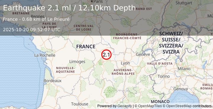 Earthquake FRANCE (2.1 ml) (2025-10-20 09:52:07 UTC)