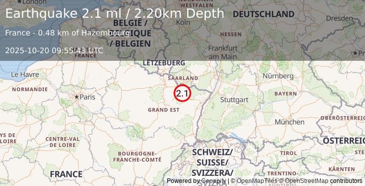 Earthquake FRANCE (2.1 ml) (2025-10-20 09:55:43 UTC)