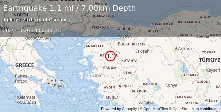 Earthquake WESTERN TURKEY (1.1 ml) (2025-10-20 10:00:33 UTC)