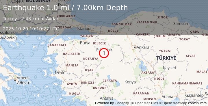Earthquake WESTERN TURKEY (1.0 ml) (2025-10-20 10:10:27 UTC)