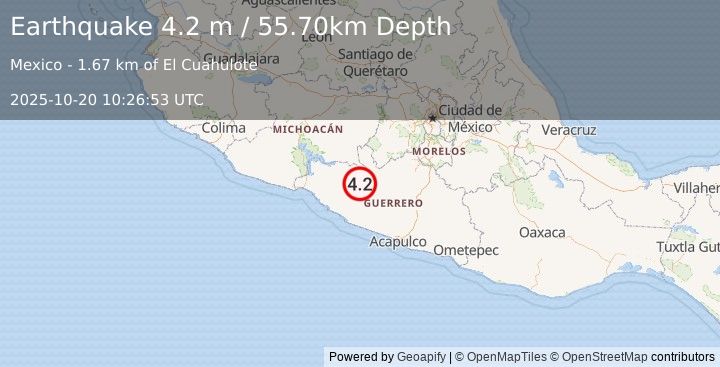 Earthquake GUERRERO, MEXICO (4.2 m) (2025-10-20 10:26:53 UTC)